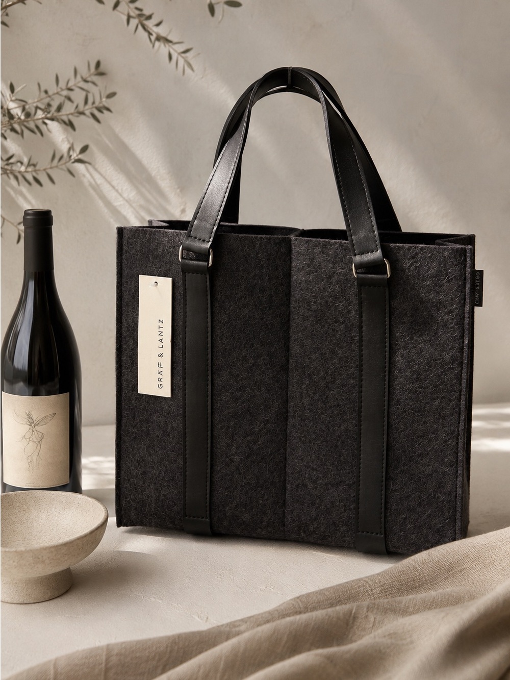 Gräf & Lantz Merino Wool Felt Leather 2-Bottle Wine Tote NWT